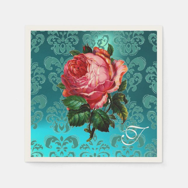 SCHÖNES PINKROSE, AQUAMARINES BLAUES DAMASK-MONOGR SERVIETTE (Vorderseite)