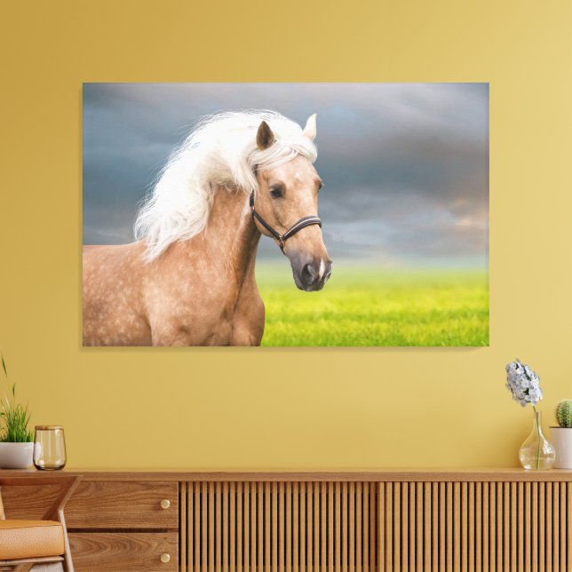 Schönes Portrait Palomino Pferd mit Long Mane Leinwanddruck (Insitu (Wohnzimmer))