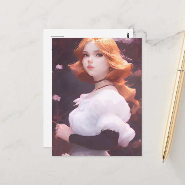 Schönes Porträt junger Mädchen unter rosa Blume Postkarte (Vorderseite/Rückseite Beispiel)