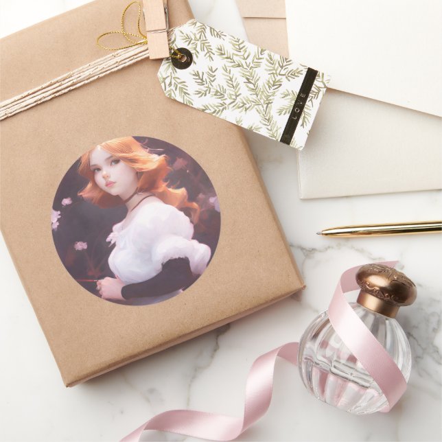 Schönes Porträt junger Mädchen unter rosa Blume Runder Aufkleber (Schenken)