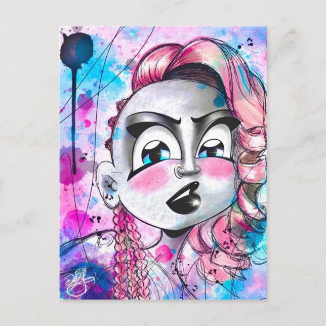 Schönes Punk Girl mit Nasenring Wasserfarbe Postkarte (Vorderseite)