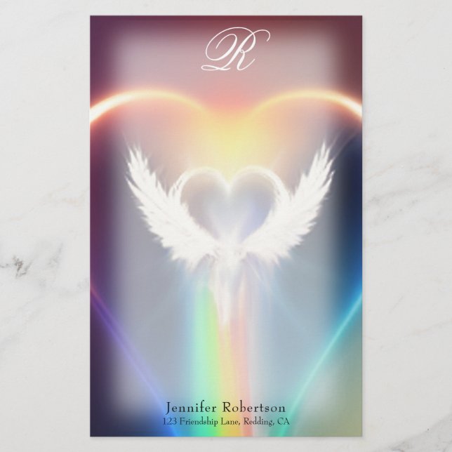 Schönes Rainbow Angel Wings Monogram Stationery Briefpapier (Vorderseite)