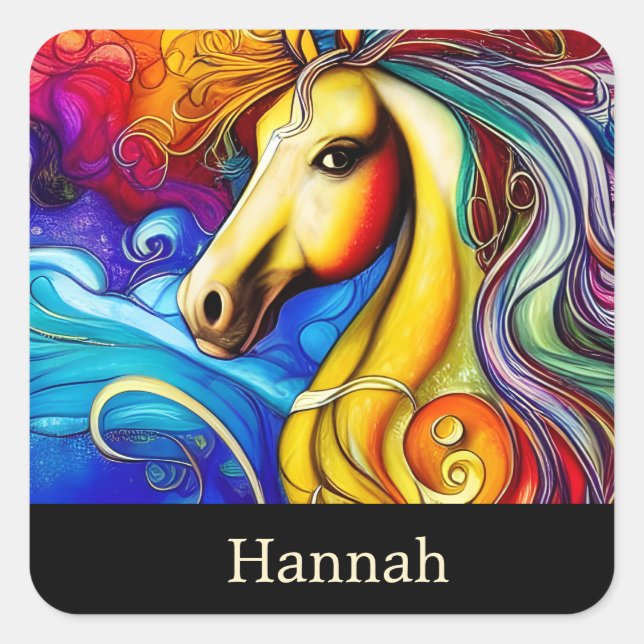 Schönes Rainbow Horse Portrait Quadratischer Aufkleber (Vorderseite)