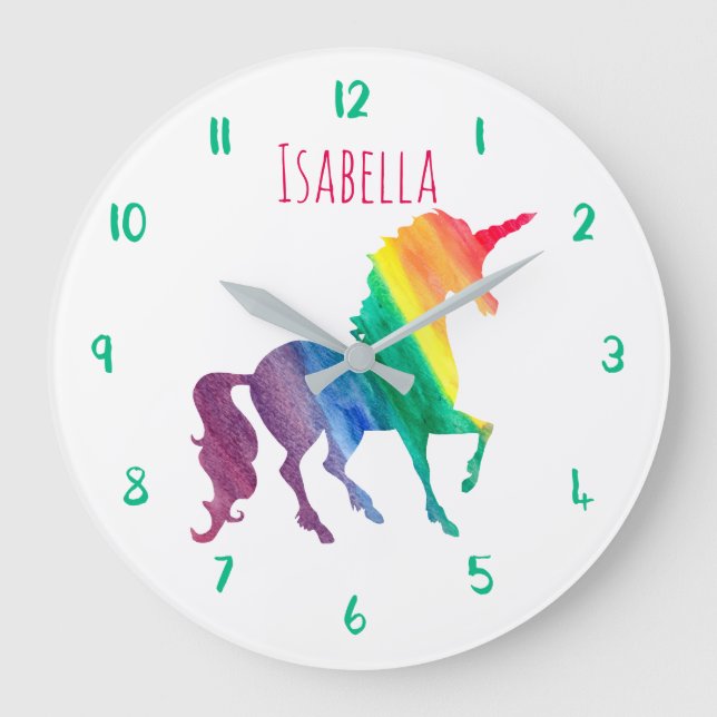 Schönes Regenbogen Einhorn Personalisiert Kinder G Große Wanduhr (Vorderseite)