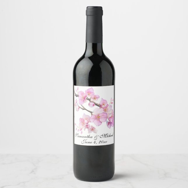 Schönes rosa Aquarellkirschenskript Weinetikett (Vorderseite)
