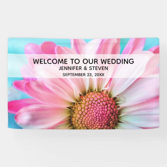 Schönes Rosa Blume Foto Hochzeit Willkommen Banner (Horizontal)