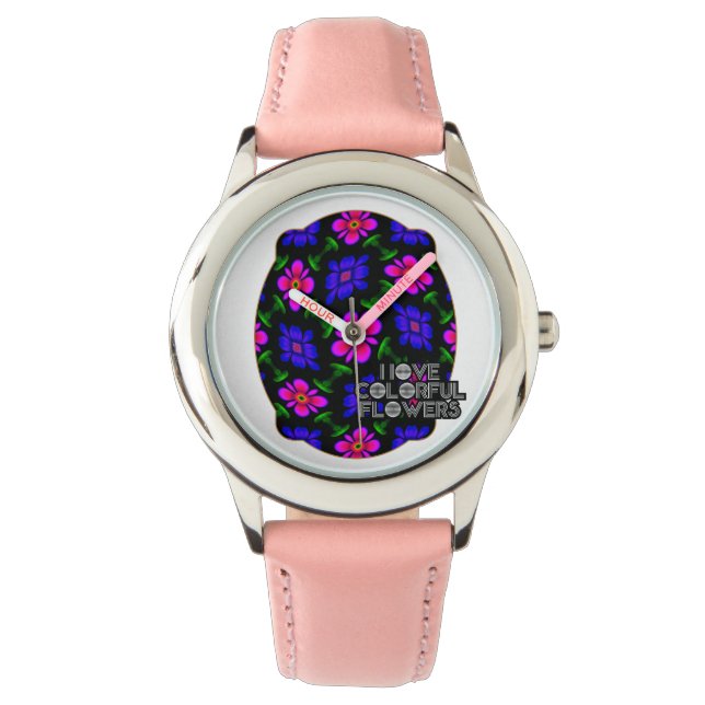 Schönes rosa Blume Muster Armbanduhr (Vorderseite)
