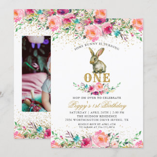 Schönes rosa Blumengebälk 1. Geburtstag Foto Einladung