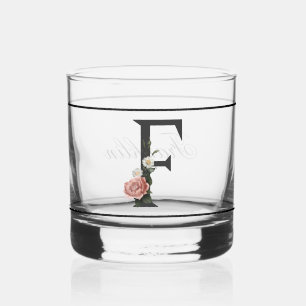 Schönes rosa, floral dekoriertes Schwarzes Monogra Whiskyglas