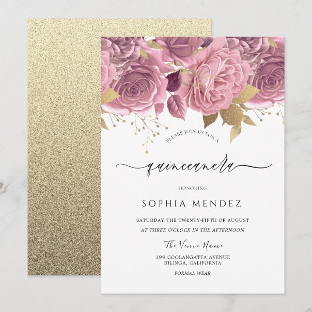 Schönes Rosa Rosa Blütengoldquinceanera Einladung (Vorne/Hinten)