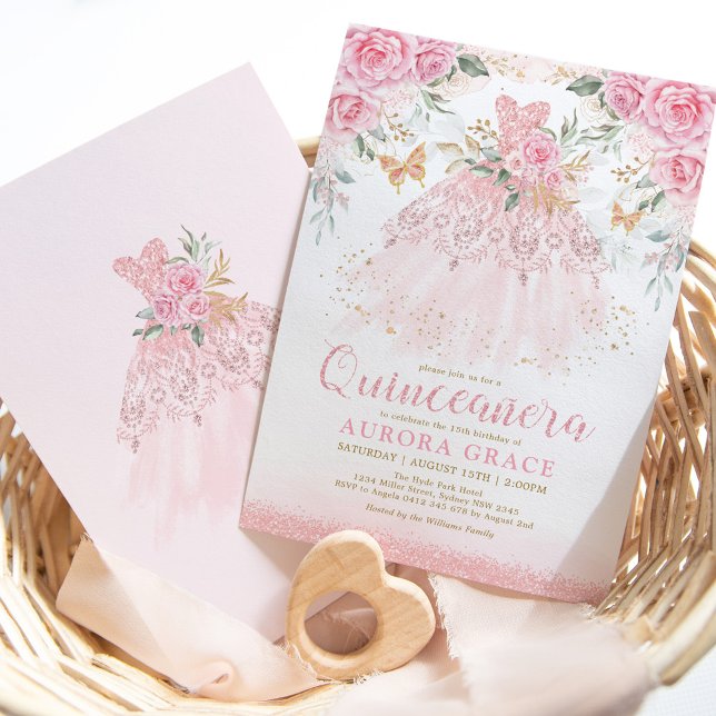 Schönes rosa Roses Princess Dress Quinceañera Einladung (Von Creator hochgeladen)