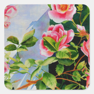 Schönes Rosa, rote Rosen, Aquarellblumen Quadratischer Aufkleber