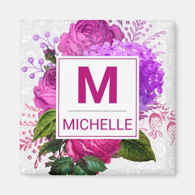 Schönes rosa und violette Blüten Monogramm Magnet (Vorne)