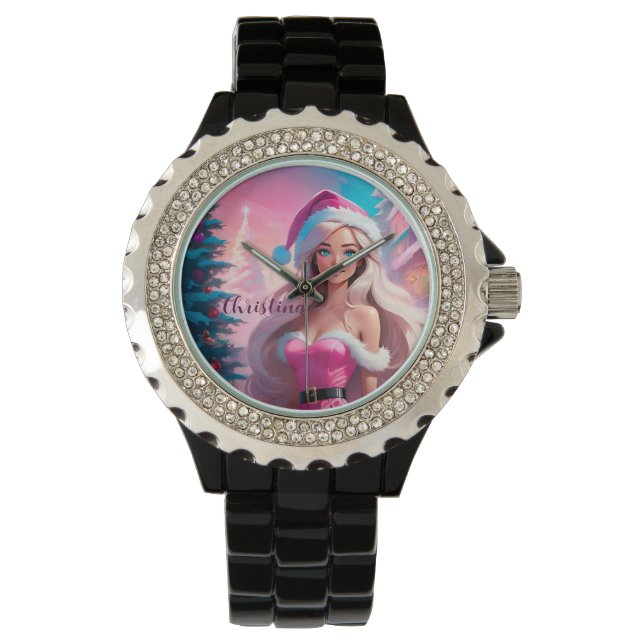 Schönes rosa Weihnachtsmädchen 01 Armbanduhr (Vorderseite)