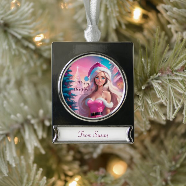 Schönes rosa Weihnachtsmädchen 01 Banner-Ornament Silber (Baum)