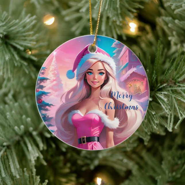 Schönes rosa Weihnachtsmädchen 01 Keramik Ornament (Baum)