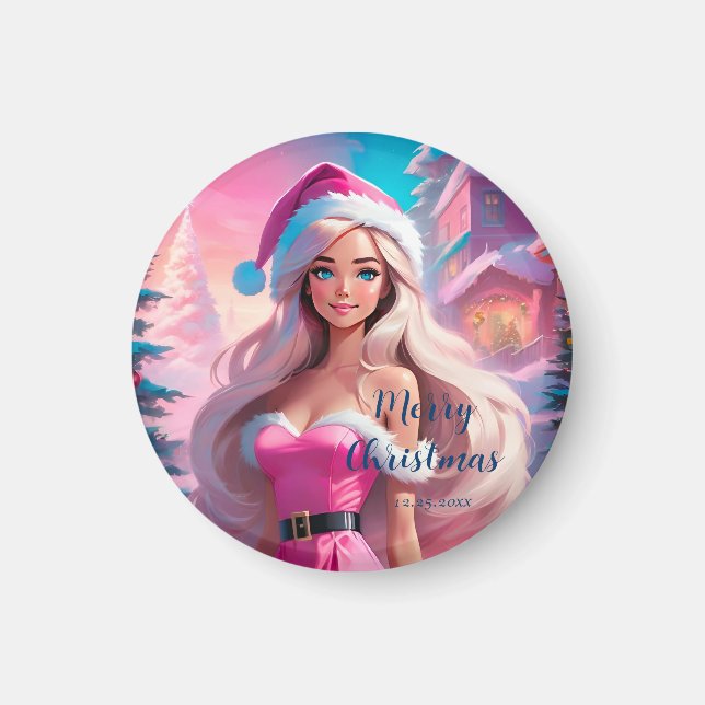 Schönes rosa Weihnachtsmädchen 01 Magnet (Vorne)