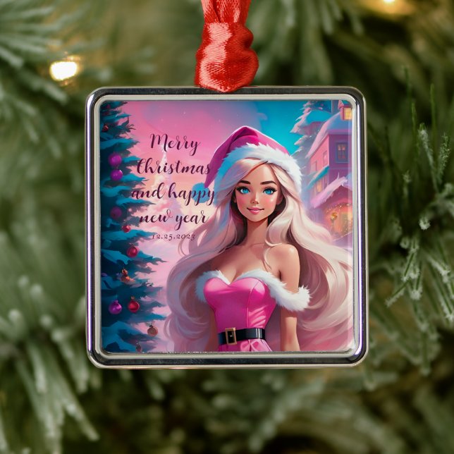 Schönes rosa Weihnachtsmädchen 01 Ornament Aus Metall (Baum)