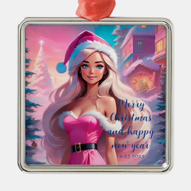 Schönes rosa Weihnachtsmädchen 01 Ornament Aus Metall (Vorne)