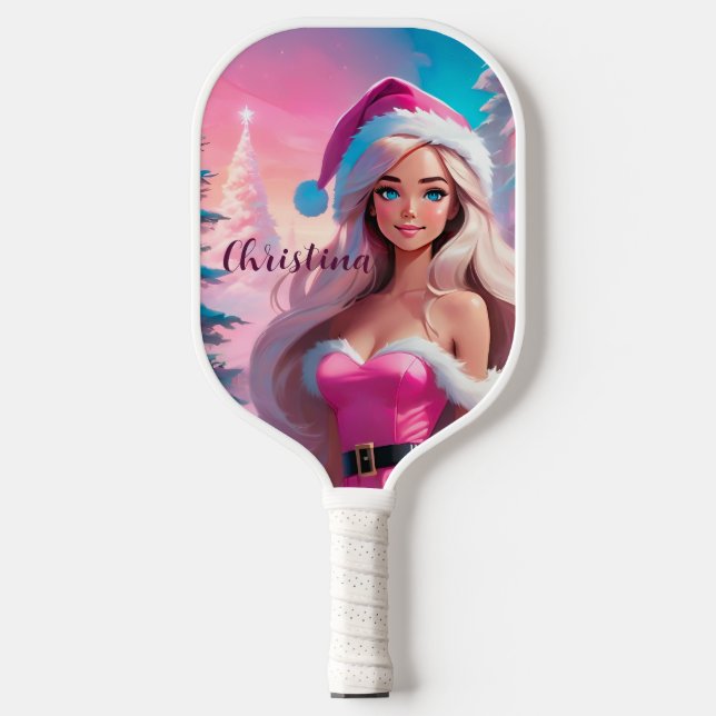 Schönes rosa Weihnachtsmädchen 01 Pickleball Schläger (Vorderseite)