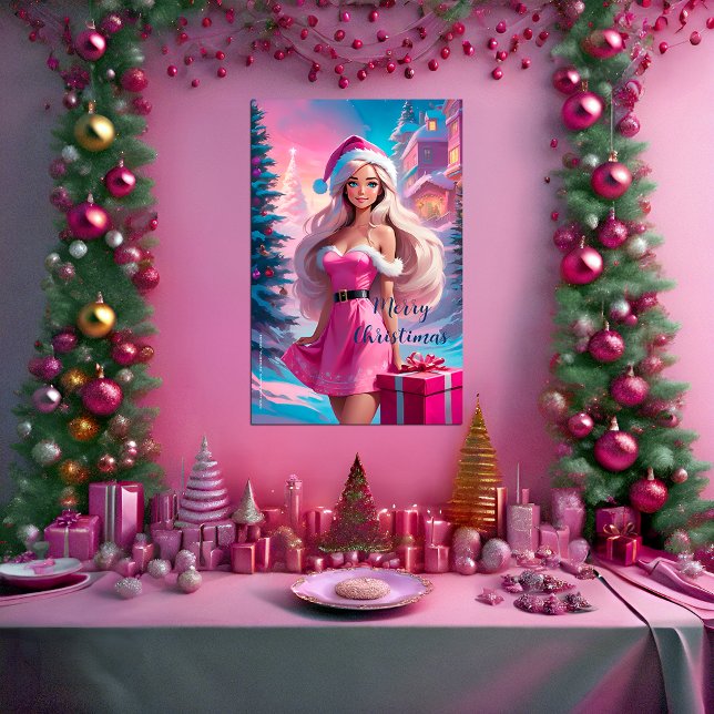 Schönes rosa Weihnachtsmädchen 01 Poster (Beautiful pink chrismas girl poster. Customizable text )