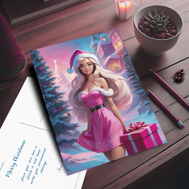 Schönes rosa Weihnachtsmädchen 01 Postkarte (Beautiful Pink Christmas Girl Postcard. Customizable with your text.)