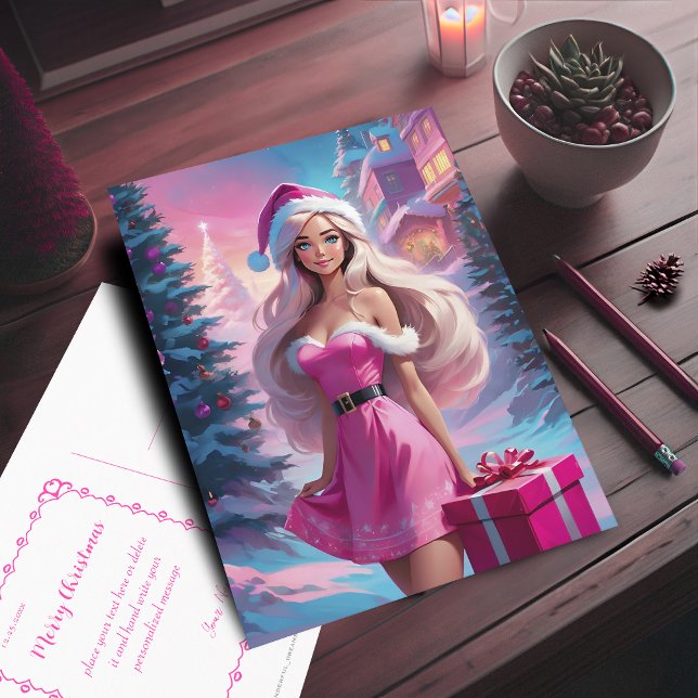 Schönes rosa Weihnachtsmädchen 01 Postkarte (Beautiful Pink Christmas Girl Postcard. Customizable with your text.)