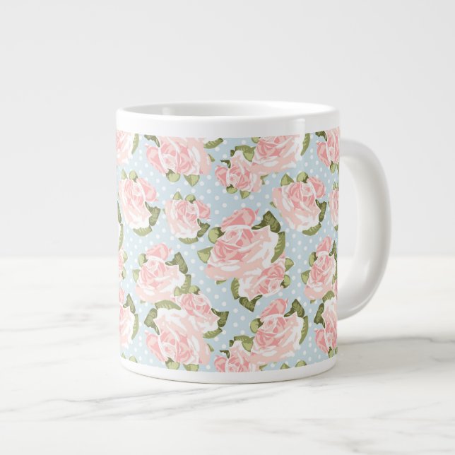 Schönes Rose-Muster mit blauen Polka-Punkten Jumbo-Tasse (Vorderseite Rechts)
