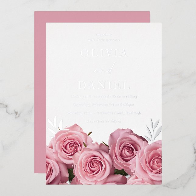 Schönes Rosenblütenrosen Hochzeitsilber Folieneinladung (Vorderseite/Rückseite)