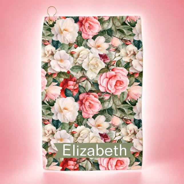 Schönes Rosengarten-Muster personalisiert Golfhandtuch (Pretty Rose Garden Patterned and Personalized Golf Towel For Women.)