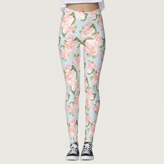 Schönes Rosenmuster mit blauen Polkapunkten Leggings (Vorderseite)