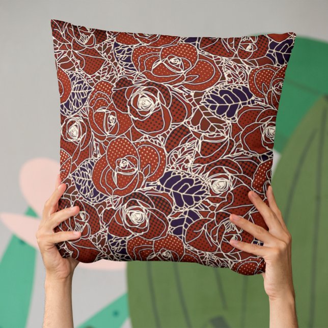 Schönes Rot, Elfenbein und Blauer Blumen Kissen (Von Creator hochgeladen)