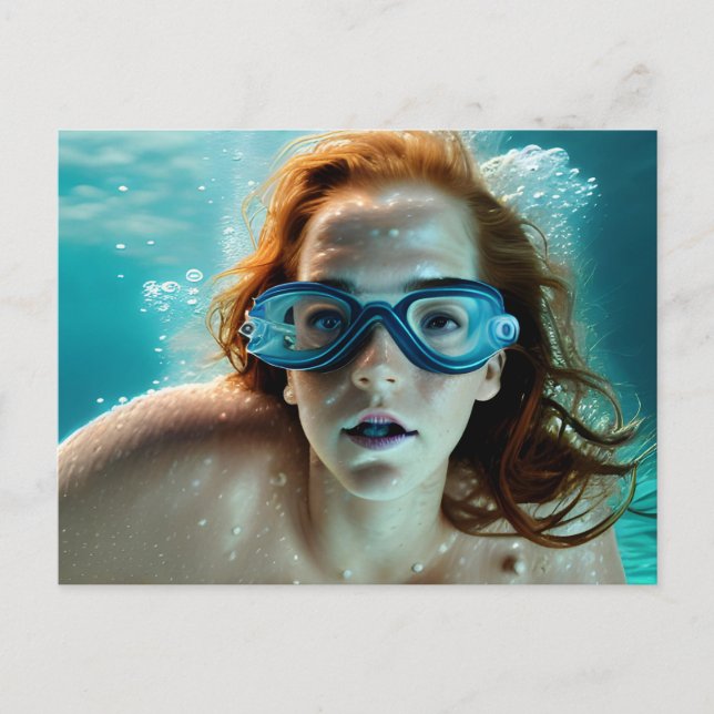 Schönes rot Haaresen Frau Scuba Brillen Swim Postkarte (Vorderseite)