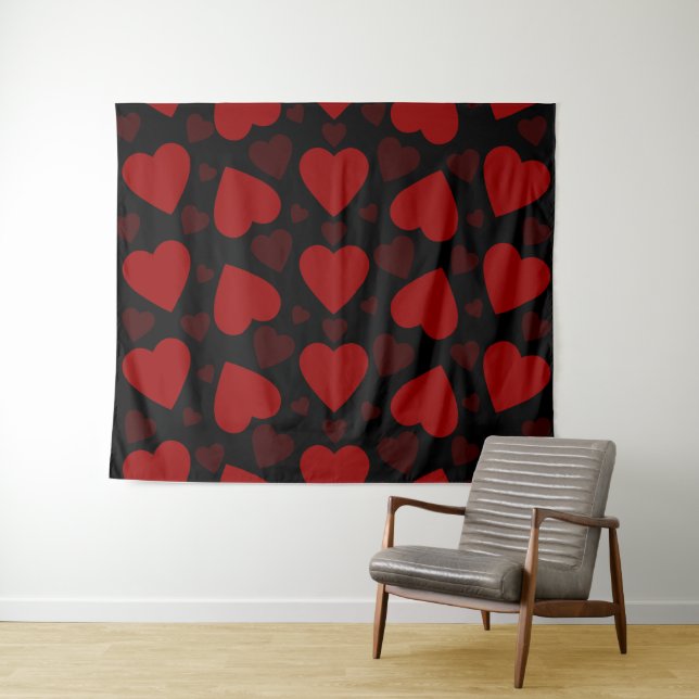 Schönes rotes Herzmuster auf schwarz Wandteppich (Beispiel (Horizontal))
