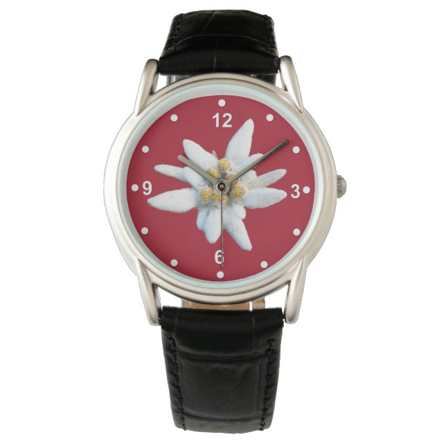 Schönes rotes Stück mit weißem Edelweiss Blüte Armbanduhr (Vorderseite)