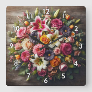 Schönes Rundflorabild auf Holzplanken Quadratische Wanduhr