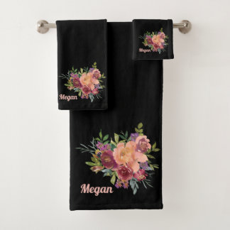 Schönes rustikales Blumenstrauß weich schwarz Badhandtuch Set