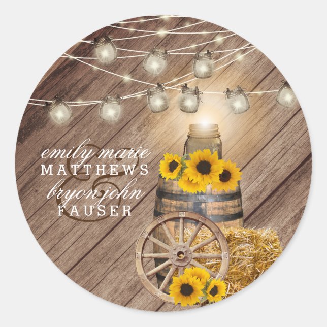 Schönes rustikales Holzfass und Sonnenblumen Runder Aufkleber (Vorderseite)