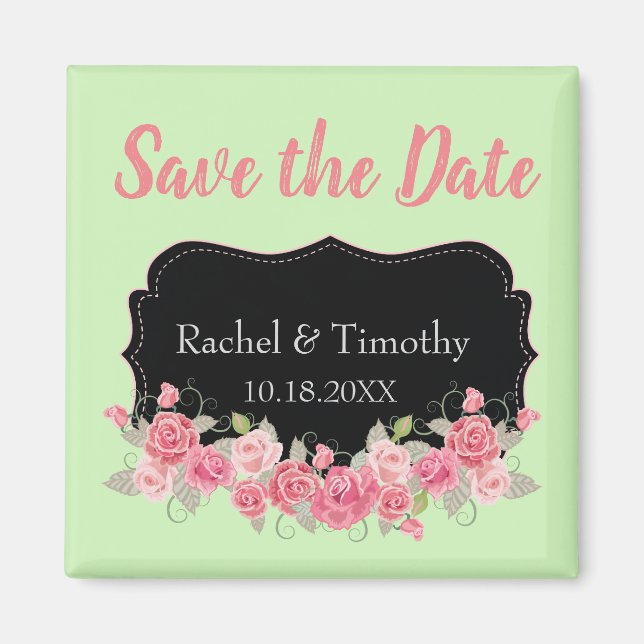 Schönes Save the Date Hochzeitrosa und Grün Magnet (Vorne)