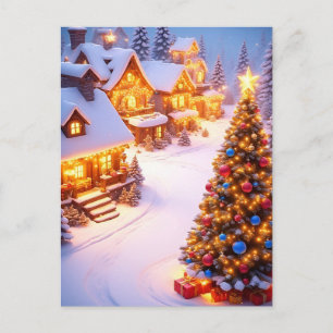 Schönes schneebedecktes Weihnachtsdorf mit Baum Postkarte