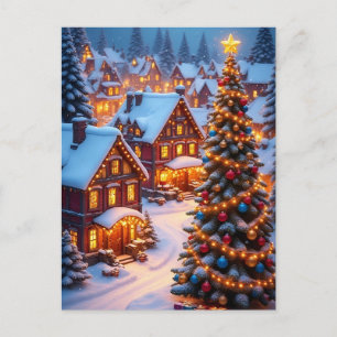 Schönes schneebedecktes Weihnachtsdorf mit Baum Postkarte