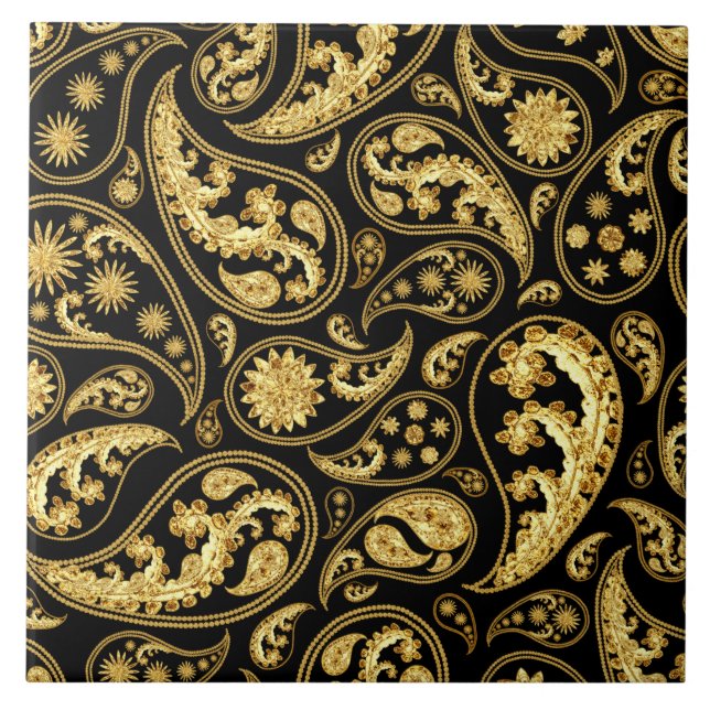Schönes Schwarz-Gold-Paisley-Muster Fliese (Vorderseite)