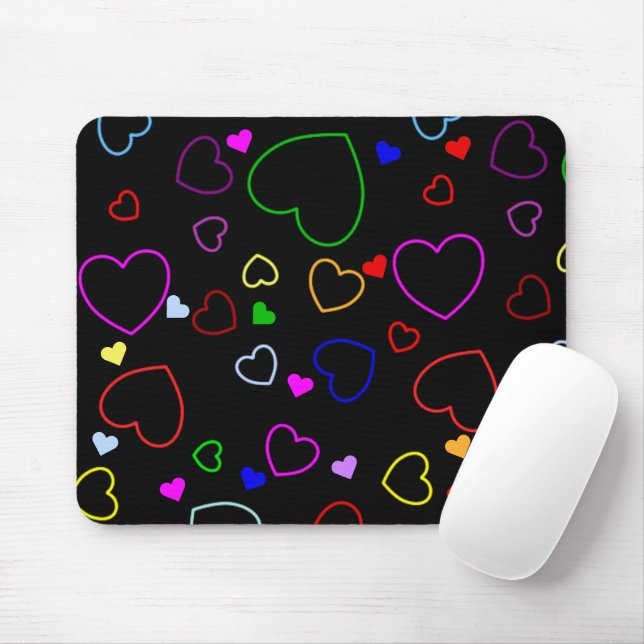 Schönes schwarzes Mousepad mit bunten Herzen (Mit Mouse)