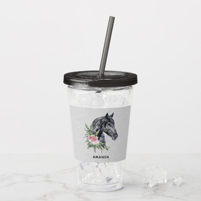 Schönes Schwarzes Pferd Kopf Portrait Wasserfarbe Acryltrinkbecher (Rückseite Ice)