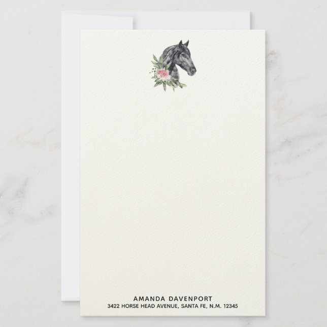 Schönes Schwarzes Pferd Kopf Portrait Wasserfarbe Briefpapier (Vorderseite)