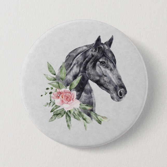 Schönes Schwarzes Pferd Kopf Portrait Wasserfarbe Button (Vorderseite)