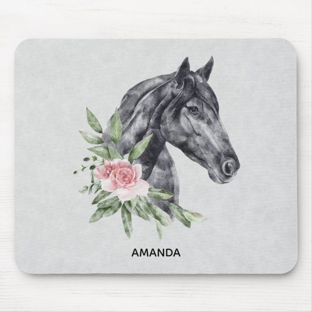 Schönes Schwarzes Pferd Kopf Portrait Wasserfarbe Mousepad (Vorne)