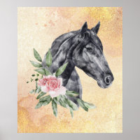 Schönes Schwarzes Pferd Kopf Portrait Wasserfarbe