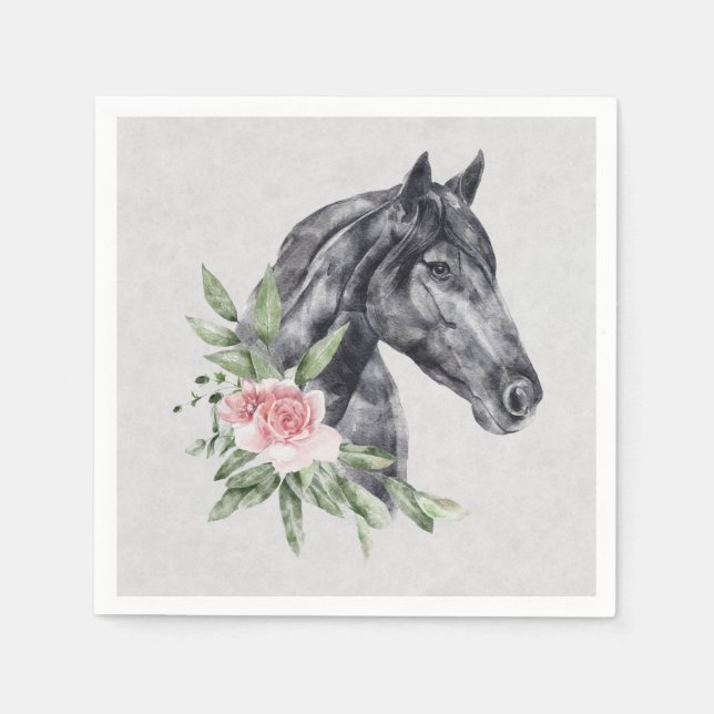 Schönes Schwarzes Pferd Kopf Portrait Wasserfarbe Serviette (Vorderseite)