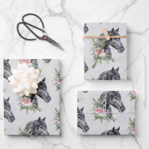 Schönes Schwarzes Pferd Kopf Portrait Watercolor W Geschenkpapier Set